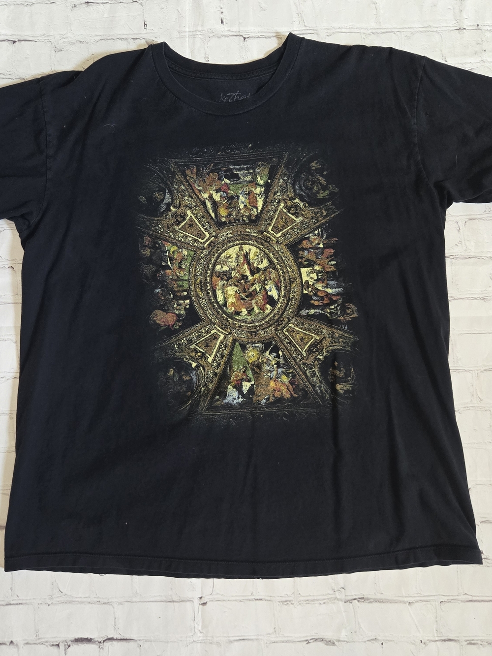 Black Short Sleeve Graphic Crewneck T-Shirt with Ornate Ceiling Artwork